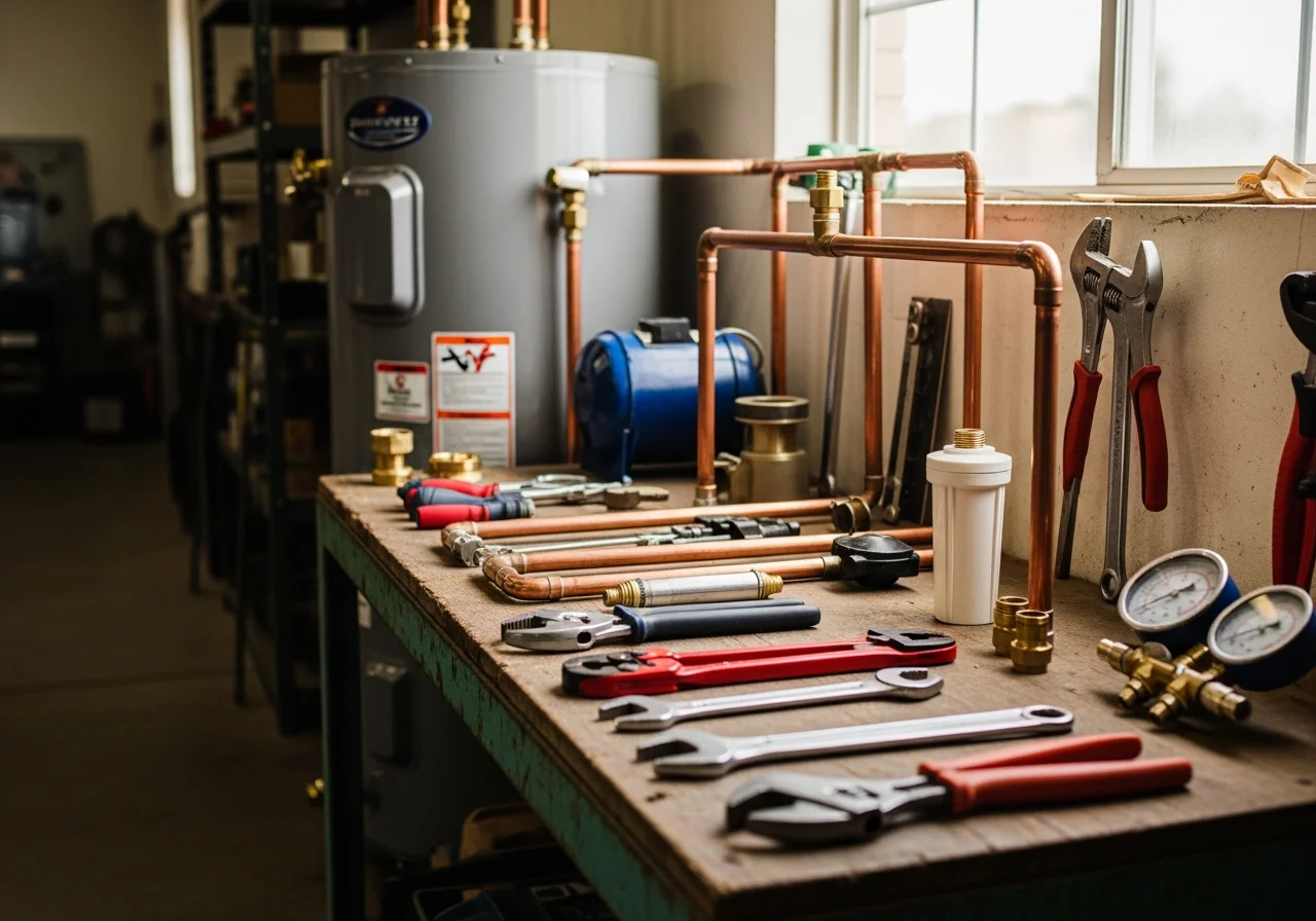 Plumbing tools and equipment arranged on a work surface, representing the trade services offered.