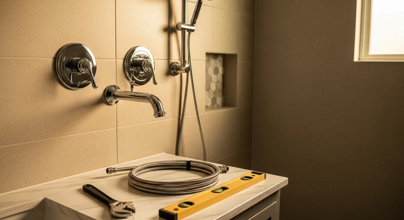 Plumber installing new fixtures in a residential bathroom