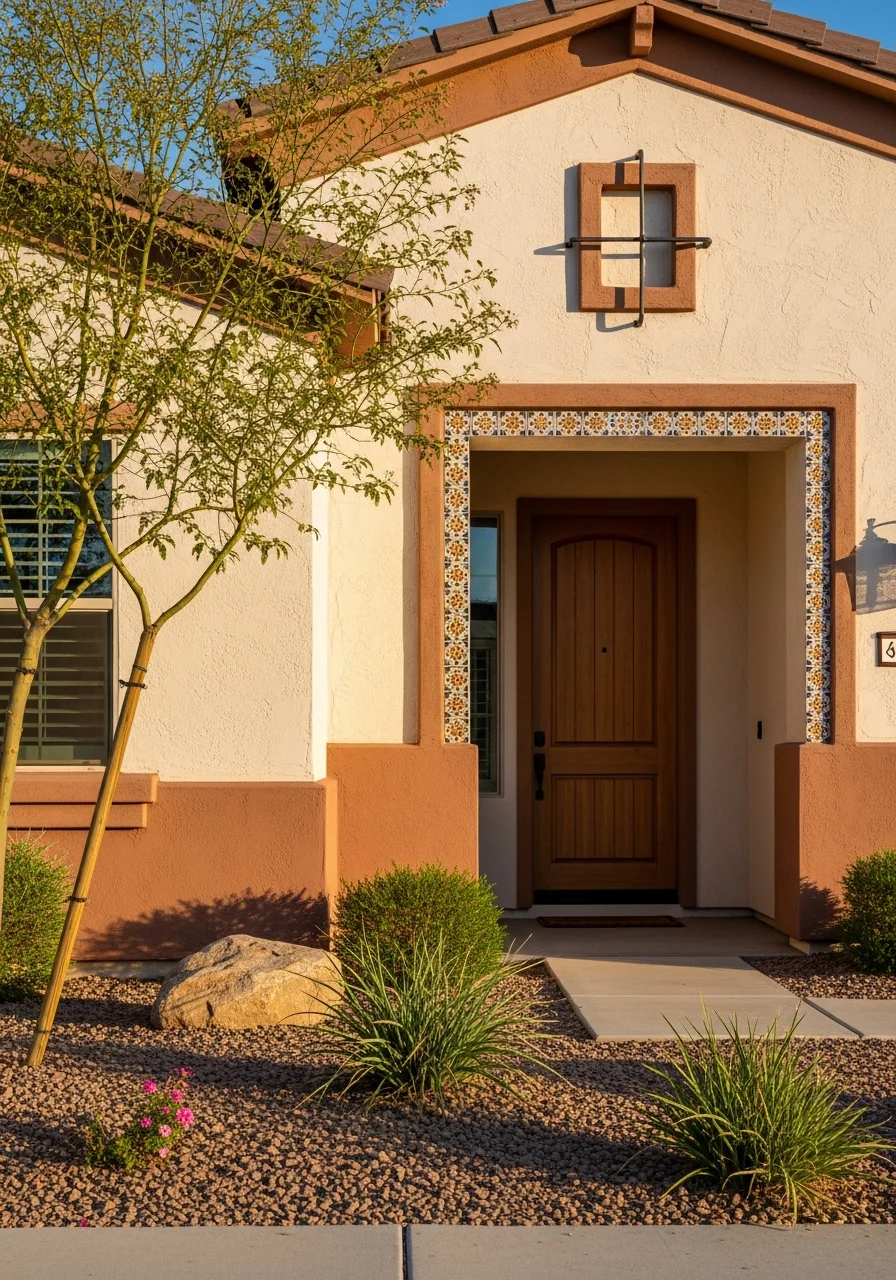 Close-up of a Gilbert home's front entrance with desert landscaping and architectural details typical of East Valley construction.