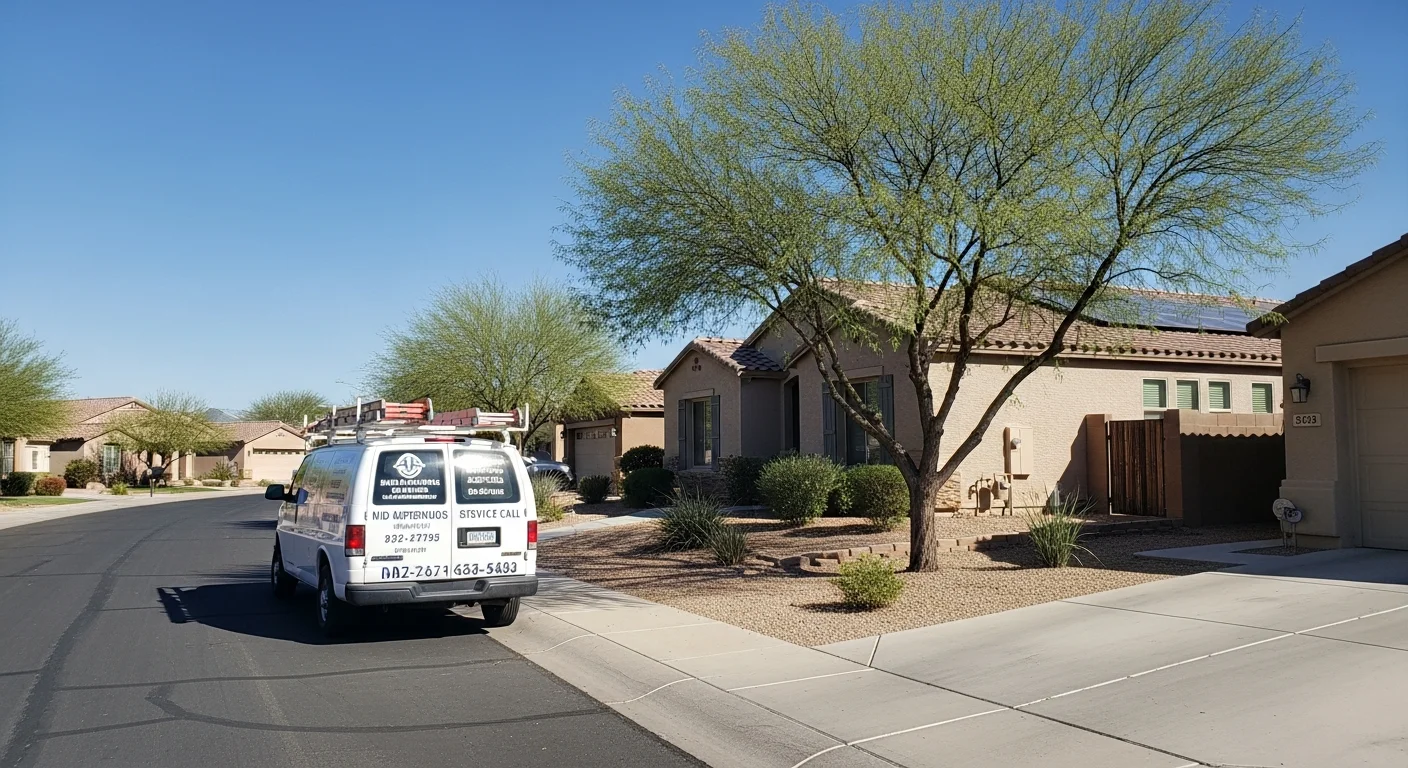Residential street in Gilbert with newer single-family homes, mature landscaping, and clear blue Arizona sky.
