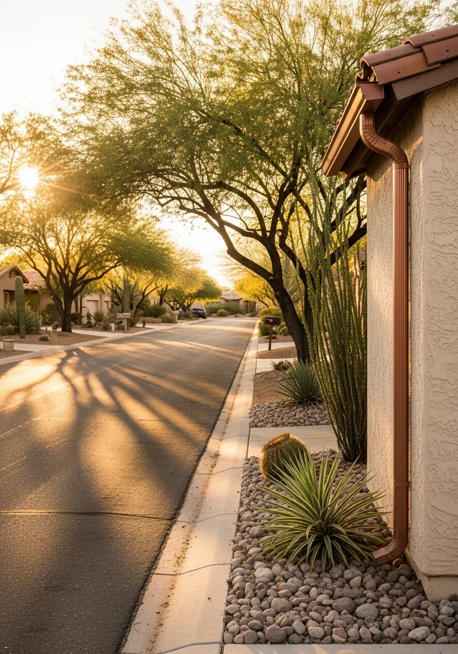 Phoenix home exterior showing typical Arizona residential construction, mature trees, and neighborhood character.