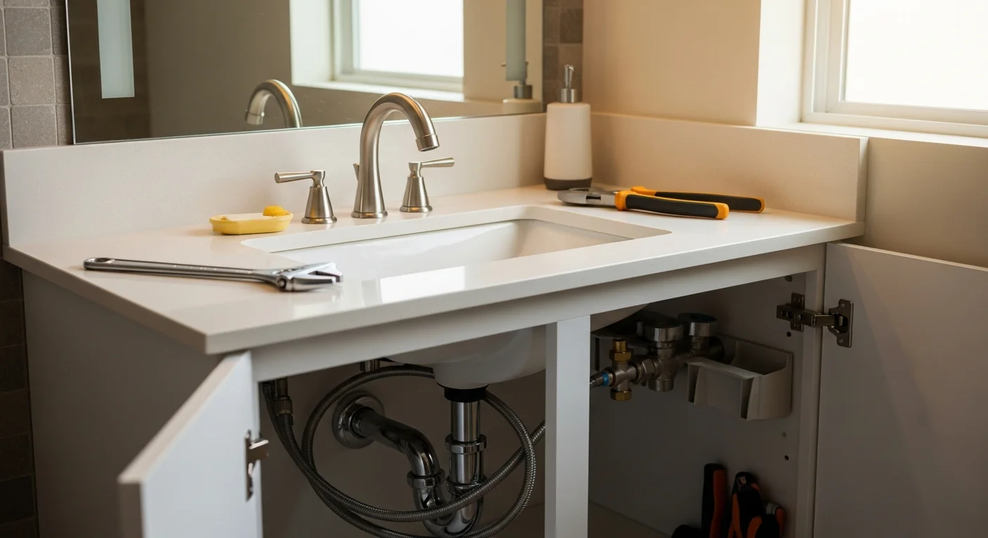 A newly installed bathroom sink and faucet with clean supply line connections in a Gilbert, Arizona home. The vanity fixture is fully seated and the shutoff valves below are visible and properly fitted.