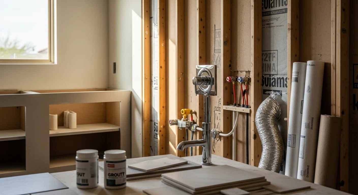 A remodeled bathroom in a Gilbert, Arizona home showing a tiled walk-in shower, updated vanity, and new flooring. The space reflects a clean, functional layout suited for desert-climate living.