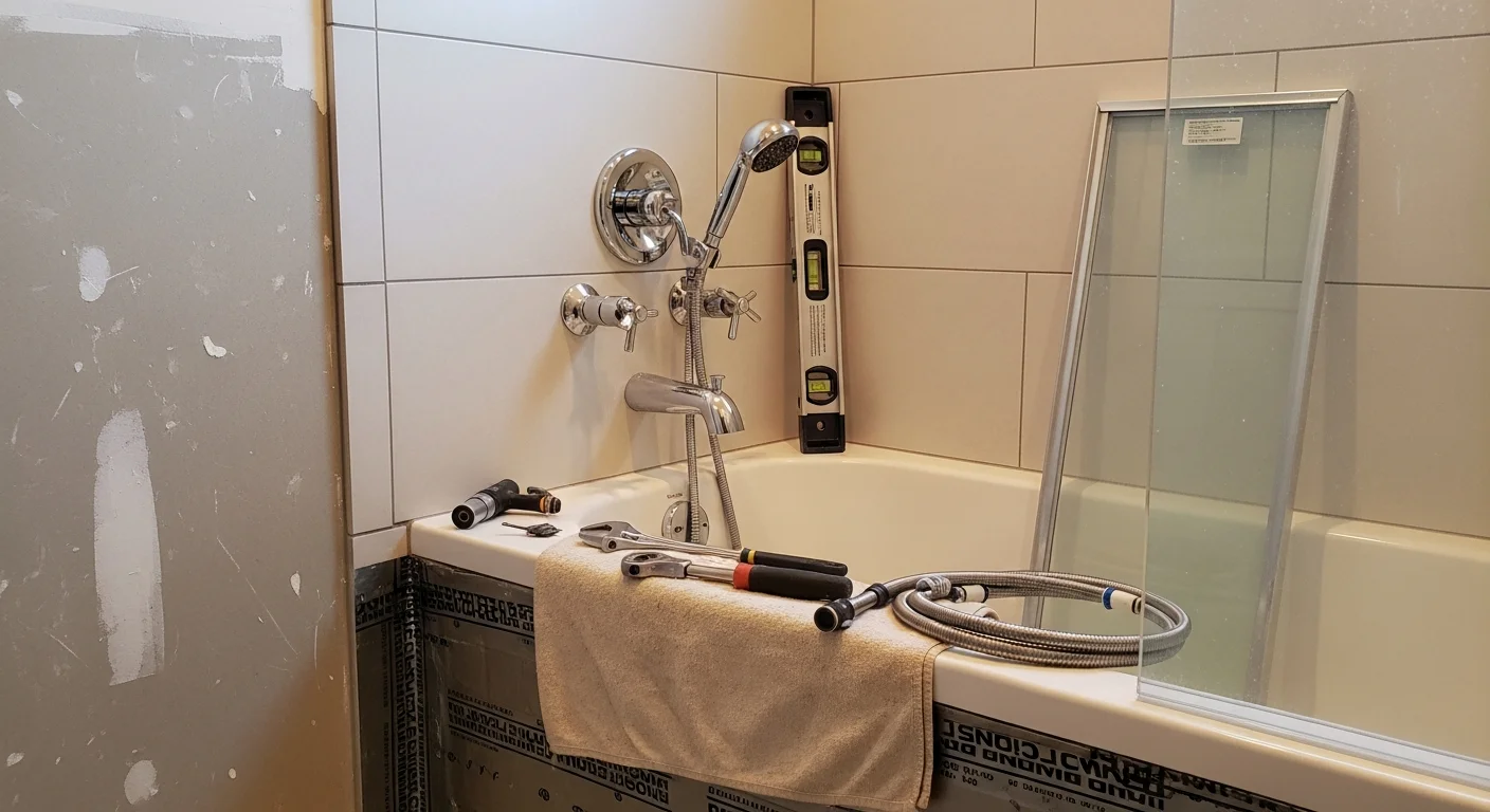 A newly installed custom walk-in shower in a Gilbert, Arizona home, showing a tiled enclosure with a recessed niche, frameless glass panel, and a wall-mounted valve and showerhead connected to updated supply lines. The finished bathroom reflects a mid-2000s Gilbert home upgraded from a builder-grade tub-shower combo to a fully custom shower system.