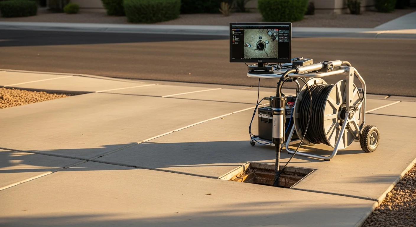 A plumber from Patriot Plumbing LLC feeds a drain inspection camera into a residential sewer cleanout at a Gilbert, Arizona home. The monitor displays a live view of the interior pipe walls showing calcium scale buildup common in East Valley properties.