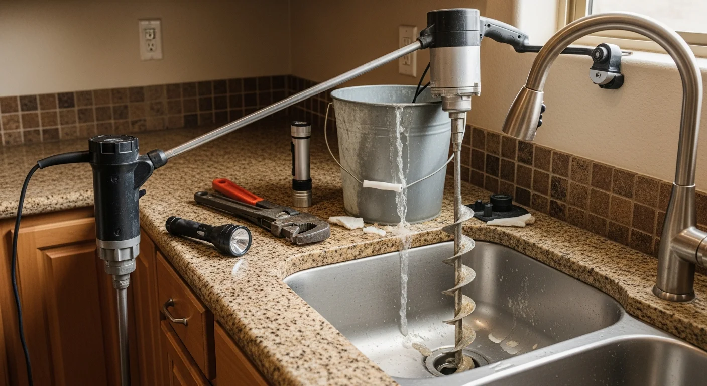 A licensed plumber from Patriot Plumbing LLC clearing a clogged main drain line inside a Gilbert, Arizona home. The technician uses a drain auger at a clean-out access point on a slab-on-grade property.