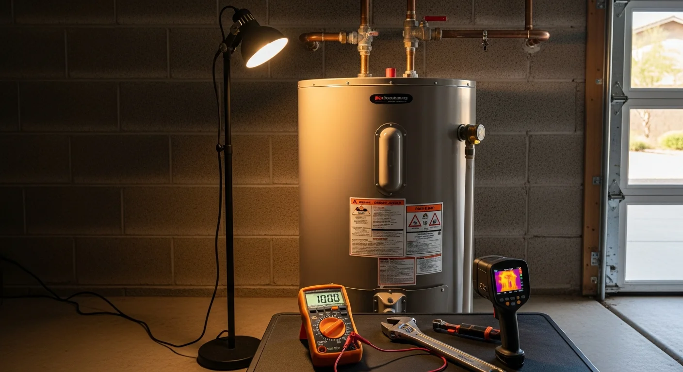 A licensed plumber from Patriot Plumbing LLC inspecting a leaking tank-style water heater in a Gilbert home garage utility space. The technician checks the T&P relief valve and water connections during an emergency service call.