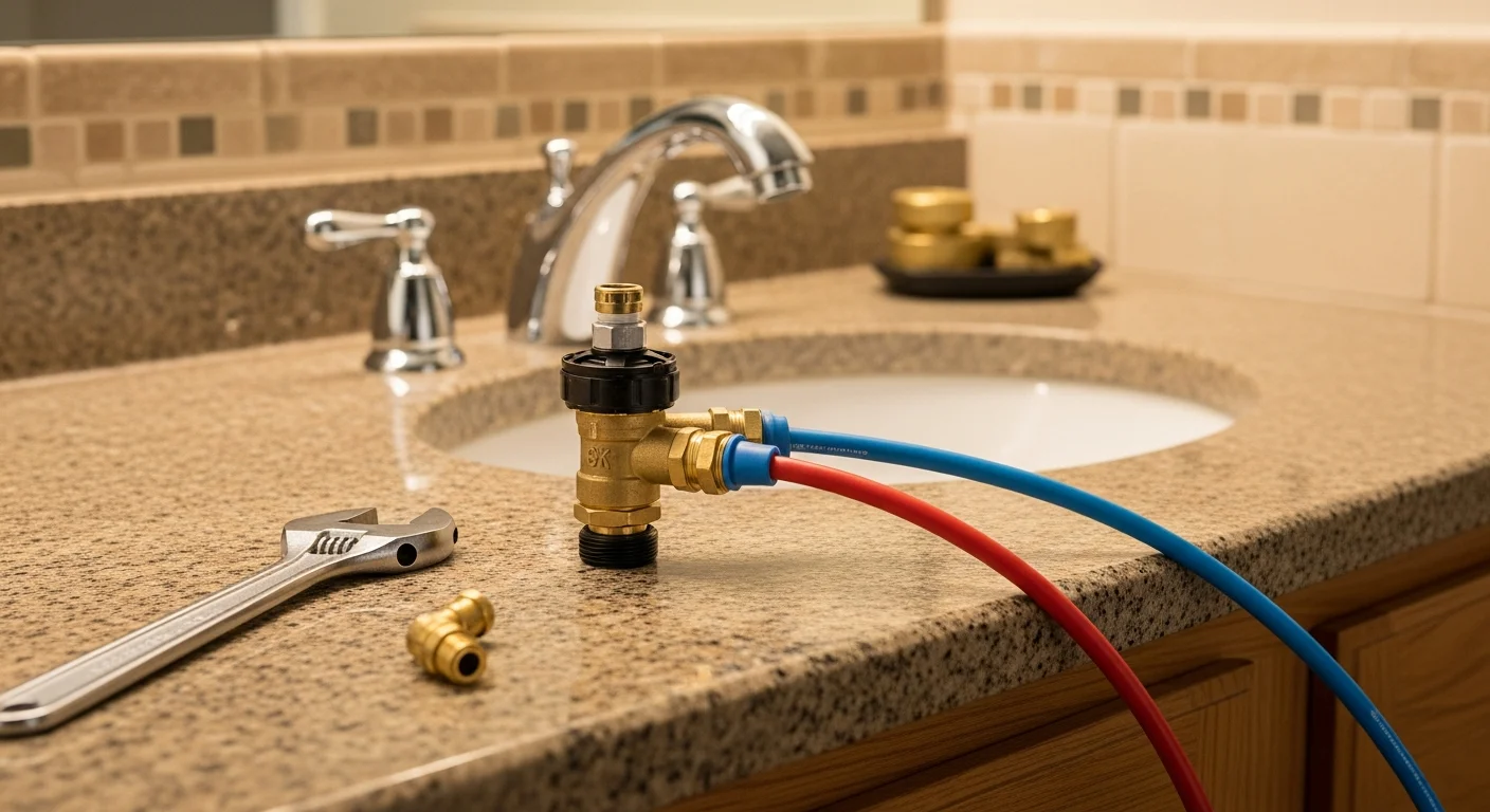 A licensed plumber securing a new kitchen faucet under a sink in a Gilbert, Arizona home, with supply lines and shut-off valves visible beneath the cabinet.