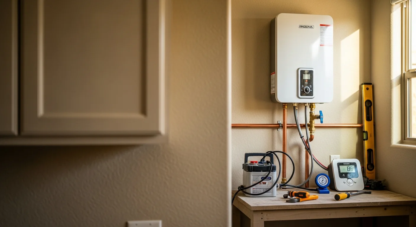 A wall-mounted tankless water heater installed in a Gilbert home utility area by Patriot Plumbing LLC, with copper supply lines and a gas connection visible. The compact unit is mounted flush to the wall, replacing a traditional tank water heater.