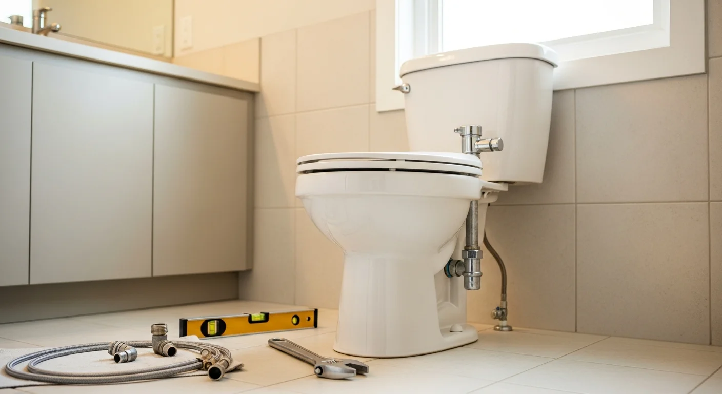 A newly installed white toilet in a Gilbert, Arizona bathroom with a clean wax seal at the base and a connected supply line running to the wall shutoff valve. The surrounding tile floor shows no signs of moisture damage or staining from the previous fixture.