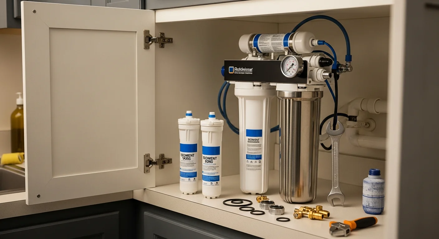 A Patriot Plumbing LLC plumber inspecting and replacing filter cartridges inside a whole-home water filtration system installed in a Gilbert, Arizona residential utility room. The image shows open filter housings, removed cartridges with visible mineral sediment buildup, and new replacement media staged nearby.