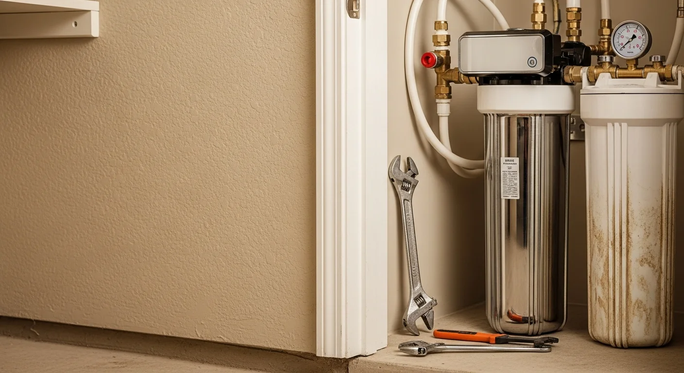 A licensed plumber from Patriot Plumbing LLC connecting a new whole-home water filtration system to supply lines in a Gilbert, Arizona home's utility area. The old unit sits removed on the floor beside the new system, which is mounted and ready for pressure testing.