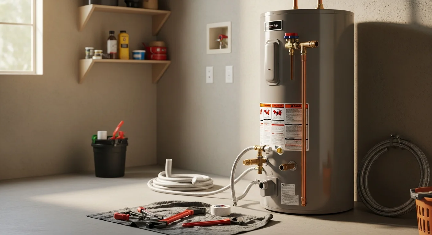 A licensed plumber from Patriot Plumbing LLC completing a water heater installation in a Gilbert, Arizona home garage. The new tank unit is connected with copper supply lines and a properly installed pressure relief valve.