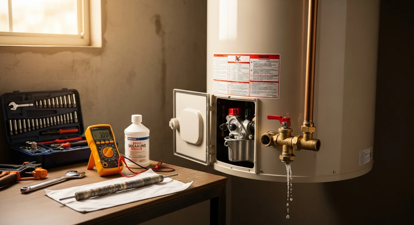 A licensed plumber from Patriot Plumbing LLC performing water heater maintenance on a residential tank unit in a Gilbert, Arizona home garage. The technician inspects the anode rod and drain valve during a routine service visit.