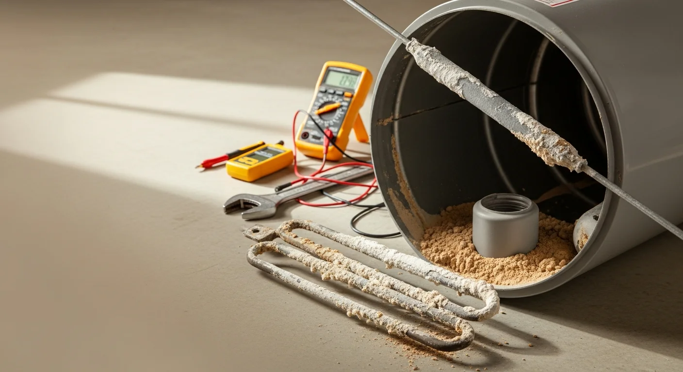 A licensed plumber from Patriot Plumbing LLC inspecting a tank-style water heater in a Gilbert, Arizona garage utility space. The technician checks the T&P valve and heating element connections on a unit showing signs of sediment buildup.
