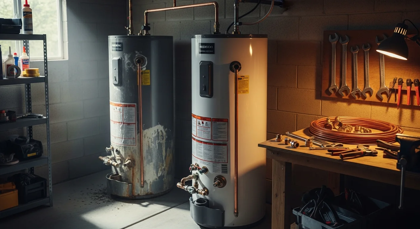 A licensed plumber installing a new tank water heater in a Gilbert, Arizona home garage. The old corroded unit sits nearby, ready for removal.