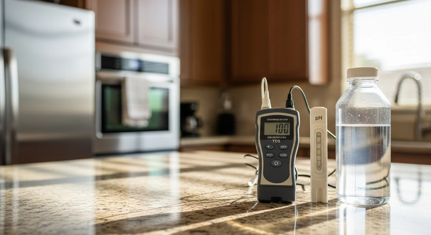 A Patriot Plumbing LLC technician collecting a water sample from a kitchen faucet in a Gilbert, Arizona home for professional water quality testing. Test vials and a water hardness testing kit are visible on the countertop.