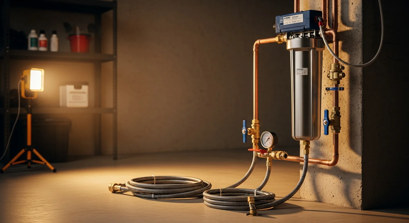 A licensed plumber connecting a whole home water filtration unit to the main supply line inside a Gilbert, Arizona home. The system includes bypass valves and a mounted filter housing secured to the wall near the main shutoff valve.